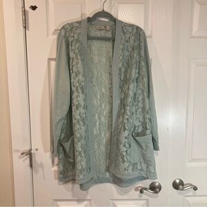 LOGO by Lori Goldstein feminine longline lace cardigan soft light green size 2X
